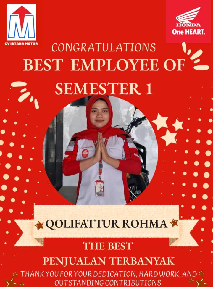 Qolifattur Rahma Raih Penghargaan Best Employee Semester 1 2026 Kategori Penjualan Terbanyak di Istana Motor 2 Mandala